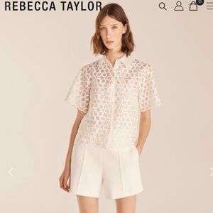 Rebecca Taylor Mod Fleur Semi Sheer White Flower Embroidery Short Sleeve Top SM